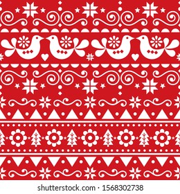 Navidad escandinava adorable patrón vectorial sin fisuras estilo de arte folclórico, el repetitivo diseño retro nórdico de invierno con pájaros, árboles de Navidad, copos de nieve y flores. Xmas textil de estilo ornamental escandalo 