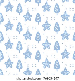 Scandinavian Christmas doodles seamless pattern. Congratulation card, wrapping paper background, festive banner, poster design. Vector illustration.