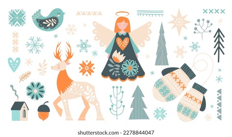 Scandinavian christmas elements set. Collection of icons for website. Angel, deer and snowflakes. Birdie, gloves and christmas trees. Cartoon flat vector illustrations isolated on white background