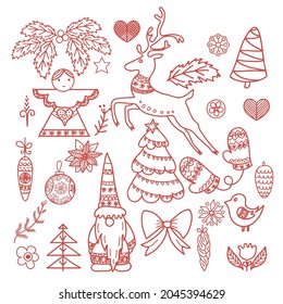Scandinavian Christmas Elements. Vector Doodle Set Included Angel, Gnome, Reindeer, Christmas Trees, Bird, Mittens, Christmas Balls, Stars, Stylized Flowers, Poinsettia, Pine Cone.