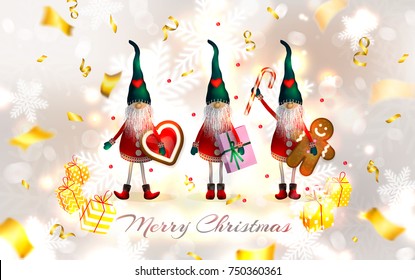 Scandinavian Christmas Elves with gifts, snowflakes, cookies and sweets. Blurred white silver background with golden serpentine. New Year vector illustration