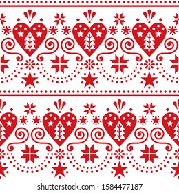 Scandinavian Christmas folk art seamless vector pattern - long, horizontal repetitive design with Christmas trees, snowflakes and hearts. Nordic style Xmas repetitive textile design in red on white 