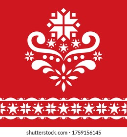 Scandinavian Christmas folk art vector design set - cute floral ornament with flowers and snowflakes in white on red background
