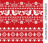 Scandinavian Christmas folk seamless vector long pattern, repetitive winter cute Nordic design with birds, Christmas trees, snowflakes and flowers. 
Scandi style Xmas textile or greeting card design 