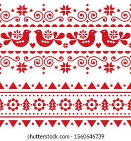 Scandinavian Christmas folk seamless vector long pattern, repetitive winter cute Nordic design with birds, Christmas trees, snowflakes and flowers.
Scandi style Xmas textile or greeting card design 