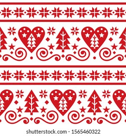 Scandinavian Christmas folk seamless vector pattern, repetitive floral cute Nordic design with Christmas trees, snowflakes and hearts in red on white background. Scandi style Xmas textile design 