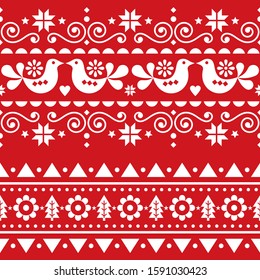 Scandinavian Christmas folk seamless vector long pattern, repetitive winter cute Nordic design with birds, Christmas trees, snowflakes and flowers. 
Scandi style Xmas textile or greeting card design 