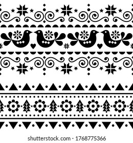 Scandinavian Christmas folk seamless vector long pattern, repetitive winter cute Nordic design with birds, Christmas trees, snowflakes and flowers. 
Scandi style Xmas textile or greeting card design