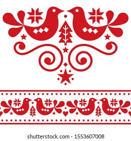 Scandinavian Christmas folk vector design elements, cute floral design with birds, pine trees and snowflakes on red on white background. Retro cute winter decoration set, Nordic white ornament 
