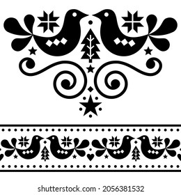 Diseño de vectores folclóricos escandinavos de Navidad, diseño floral adorable con aves, pinos y copos de nieve con fondo negro sobre blanco. Monocromo retro adorable juego de decoración de invierno, arte blanco nórdico