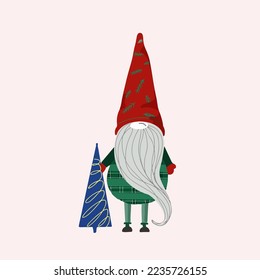 Scandinavian Christmas gnome with Christmas tree holiday greeting drawing. New Year celebration character with present for winter holidays. Flat vector illustration. Isolated
