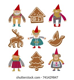 Scandinavian Christmas. Gnomes. Fairy tale. Fantastic character set. Magical Christmas stories vector clip art. Greeting card. Christmas Posters set. 