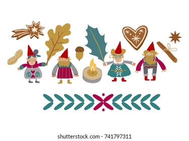 Scandinavian Christmas. Gnomes. Fairy tale. Fantastic character set. Magical Christmas stories vector clip art.

