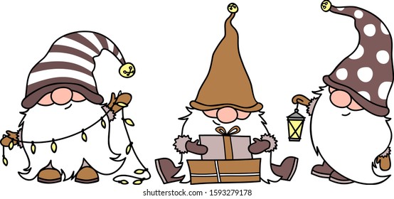 Scandinavian Christmas gnomes in hats with a flashlight, gifts and garland; Vector digital hand drawn design beige brown tones