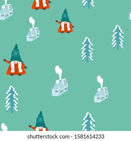 Scandinavian Christmas gnomes seamless pattern. Hand drawn winter house, Christmas trees. Wallpaper, textile, wrapping paper design. Vector illustration.