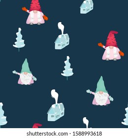 Scandinavian Christmas gnomes seamless pattern on blue. Hand drawn winter house, Christmas pine tree. Wallpaper, textile, wrapping paper design. Vector illustration.