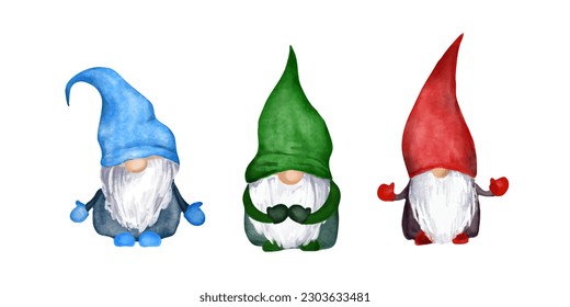 Scandinavian christmas gnomes. Set of character nordic magic dwarves family with hats and beards. Watercolor vector illustration