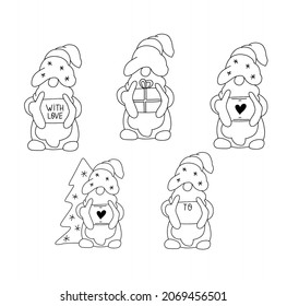 Scandinavian Christmas gnomes silhouette with Christmas tree and gifts. Cnomes set. Greeting card, greeting tags design element. Kids t shirt print