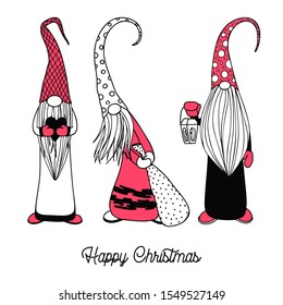 Scandinavian Christmas gnomes. Sketch of cute gnomes isolated on a white background.