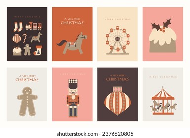 Scandinavian Christmas greeting cards set. Wall art poster backgrounds. Vector illustration.