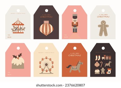 Scandinavian Christmas greeting gift tags set. Wall art poster backgrounds. Vector illustration.