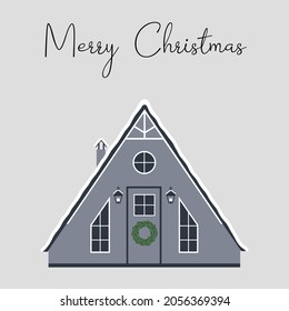 Scandinavian Christmas House. Cozy nordic cottage. Decorated Building with Christmas Wreath for xmas. Holiday winter architecture. Christmas winter village. Hand drawn vector.