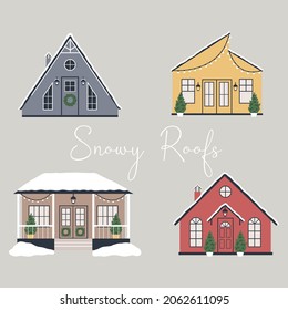 Scandinavian Christmas House. Cozy nordic cottage. Decorated Building with fir tree and lanterns for xmas. Holiday winter architecture. Christmas winter village. Hand drawn vector.