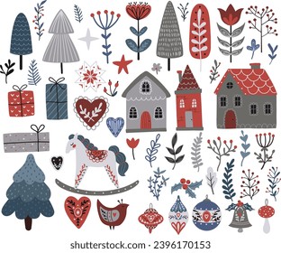 Scandinavian Christmas Hygge Design Set with cozy winter elements, trees, branches, houses, decorations, animals