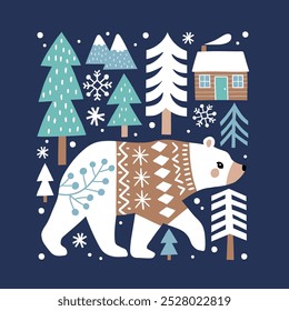 Ilustração de Natal escandinavo com urso bonito, madeiras e flocos de neve. Ilustração desenhada à mão da floresta nórdica. Perfeito para o logotipo da camisa, cartão de saudação, cartaz ou design impresso.