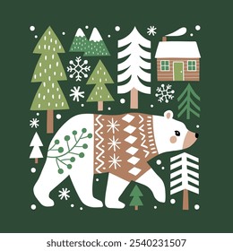 Ilustração de Natal escandinavo com urso bonito, madeiras e flocos de neve. Ilustração desenhada à mão da floresta nórdica. Perfeito para o logotipo da camisa, cartão de saudação, cartaz ou design impresso. Vetor EPS10.