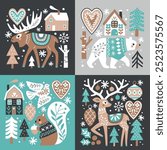 Scandinavian Christmas illustration with cute woodland animals, woods and snowflakes. Hand drawn Nordic forest illustration. Perfect for tee shirt logo, greeting card, poster or print design.