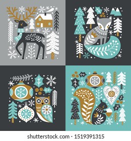 Scandinavian Christmas illustration with cute woodland animals, woods and snowflakes on dark grey background. You can find the matching seamless pattern in my Christmas set.
