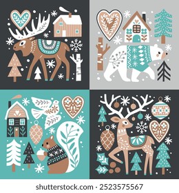 Scandinavian Christmas illustration with cute woodland animals, woods and snowflakes. Hand drawn Nordic forest illustration. Perfect for tee shirt logo, greeting card, poster or print design.