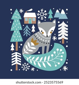 Ilustração de Natal escandinavo com raposa de floresta bonito, madeiras e flocos de neve. Ilustração desenhada à mão da floresta nórdica. Perfeito para o logotipo da camisa, cartão de saudação, cartaz ou design impresso.