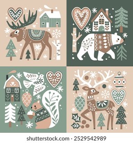 Scandinavian Christmas illustration with cute woodland animals, woods and snowflakes. Hand drawn Nordic forest illustration. Perfect for tee shirt logo, greeting card, poster or print design.