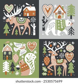 Scandinavian Christmas illustration with cute woodland animals, woods and snowflakes. Hand drawn Nordic forest illustration. Perfect for tee shirt logo, greeting card, poster or print design.