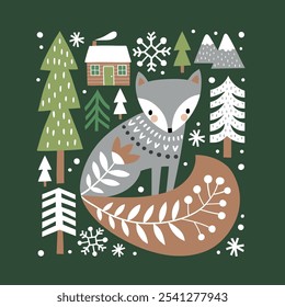 Scandinavian Christmas illustration with cute woodland fox, woods and snowflakes. Hand drawn Nordic forest illustration. Perfect for tee shirt logo, greeting card, poster or print design. EPS10 vector