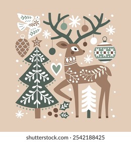 Scandinavian Christmas illustration with cute woodland deer, woods and snowflakes. Hand drawn Nordic forest illustration. Perfect for tee shirt logo, greeting card, poster or print design.