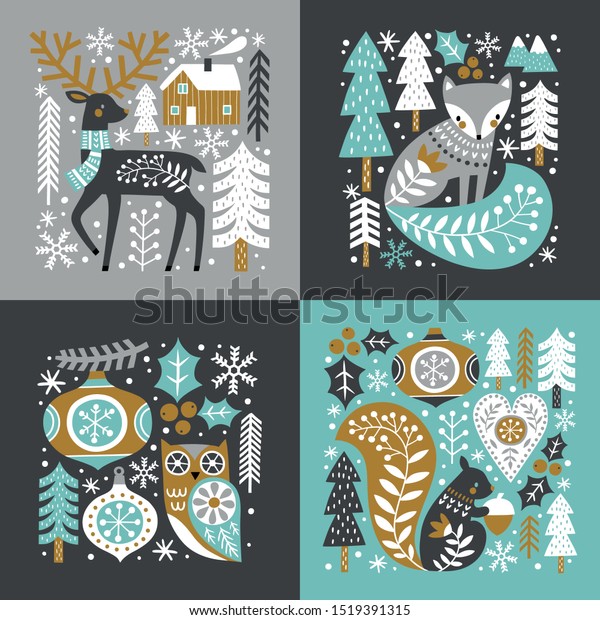 暗いグレイの背景にかわいい木の国の動物 森 雪片を持つスカンジナビアのクリスマスイラスト 私のクリスマスセットには 一致するシームレスなパターンが見つかります のベクター画像素材 ロイヤリティフリー