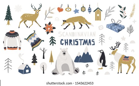 Scandinavian Christmas illustrations. Merry Christmas collection. Vector elements. Northern winter forest, gifts, reindeer, winter clothes, New Year's toys.