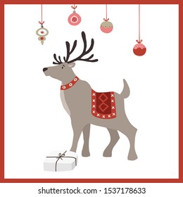Scandinavian Christmas, New Year greeting card, invitation. Hand drawn illustration of reindeer with Christmas balls, gift box, present and red frame. Vector background. Cute winter design.