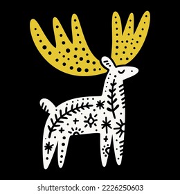 Scandinavian Christmas Noel deer or muse folk animal vector design, cute floral patterned traditional monochrome embroidery pattern inspired by Sweden, Norway, Finland and Denmark. Retro vintage