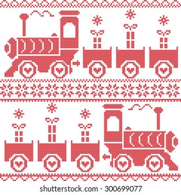 Scandinavian Christmas Nordic Seamless Pattern With Gravy Train, Gifts, Stars, Snowflakes, Hearts, Snow, In Cross Stitch Pattern 