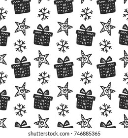 Scandinavian Christmas nordic seamless pattern with decorative doodle elements. Hand drawn trendy background. Good for wallpaper, invitation card, scrapbook, wrapping paper. Vector illustration.