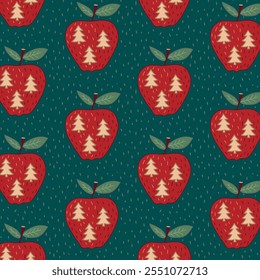 Scandinavian Christmas pattern with apples and fir trees in dark red and green. Vintage festive textured background for decoration and gift wrap.