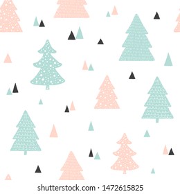 Scandinavian Christmas pattern. Vector childish background with hand drawn Christmas trees. For wallpaper design, fabric print