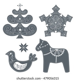 Scandinavian Christmas Red and White Decoration Set. Vector Dala Horse, Bird, Christmas Tree and Snowflake.

