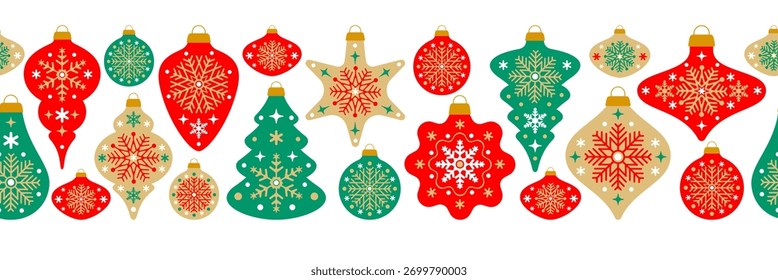 Scandinavian Christmas seamless border pattern. Christmas and new Year ornaments and baubles with different shapes. Vector vintage texture background for winter holidays, seasonal greeting design