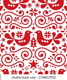 Scandinavian Christmas seamless folk vector textile pattern with birds, snowflakes, hearts and Christmas trees. Scandi style Xmas cute textile design background with swirls and flowers in red 