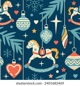 Scandinavian Christmas seamless pattern. Modern flat style. Noel winter ornament with bauble decorations, Christmas tree, rocking horse. Retro cozy dream land concept for gift, wrapping paper, fabric.